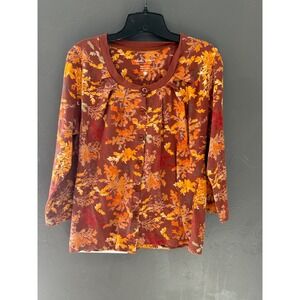 North River Outfitters Womens L Brown Orange‎ Leaf Print Cotton Button Top Fall